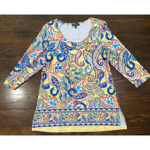 Slinky Brand Tunic Top Women's Size M Floral BOHO Hawaiian Stretch 3/4 Sleeves - Picture 1 of 5